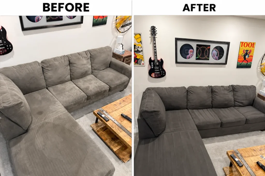 Grey sectional sofa before and after AD Spotless upholstery steam cleaning.